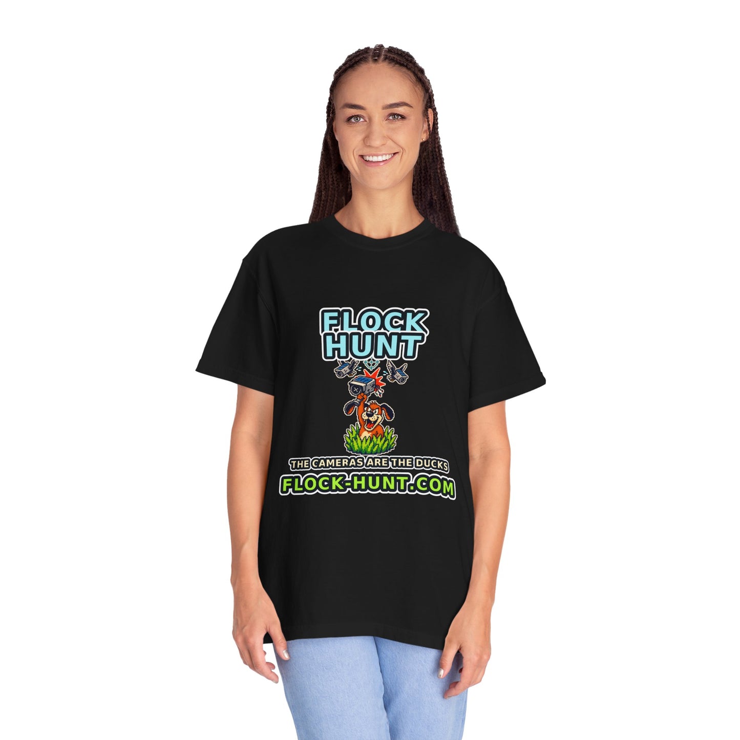FLOCK HUNT T-Shirt — Retro Surveillance Camera Arcade Game Tee