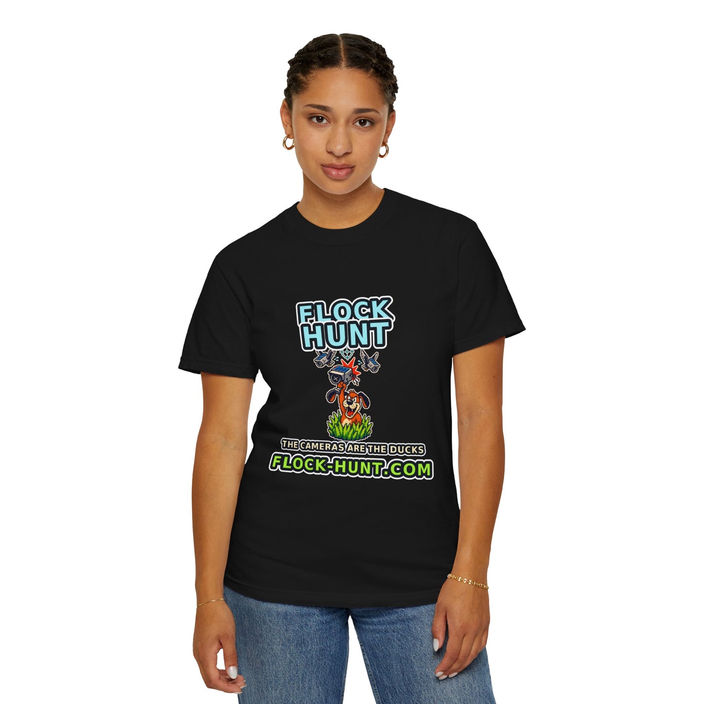 FLOCK HUNT T-Shirt — Retro Surveillance Camera Arcade Game Tee