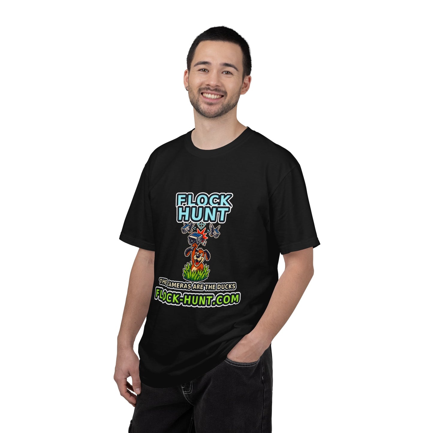 FLOCK HUNT T-Shirt — Retro Surveillance Camera Arcade Game Tee